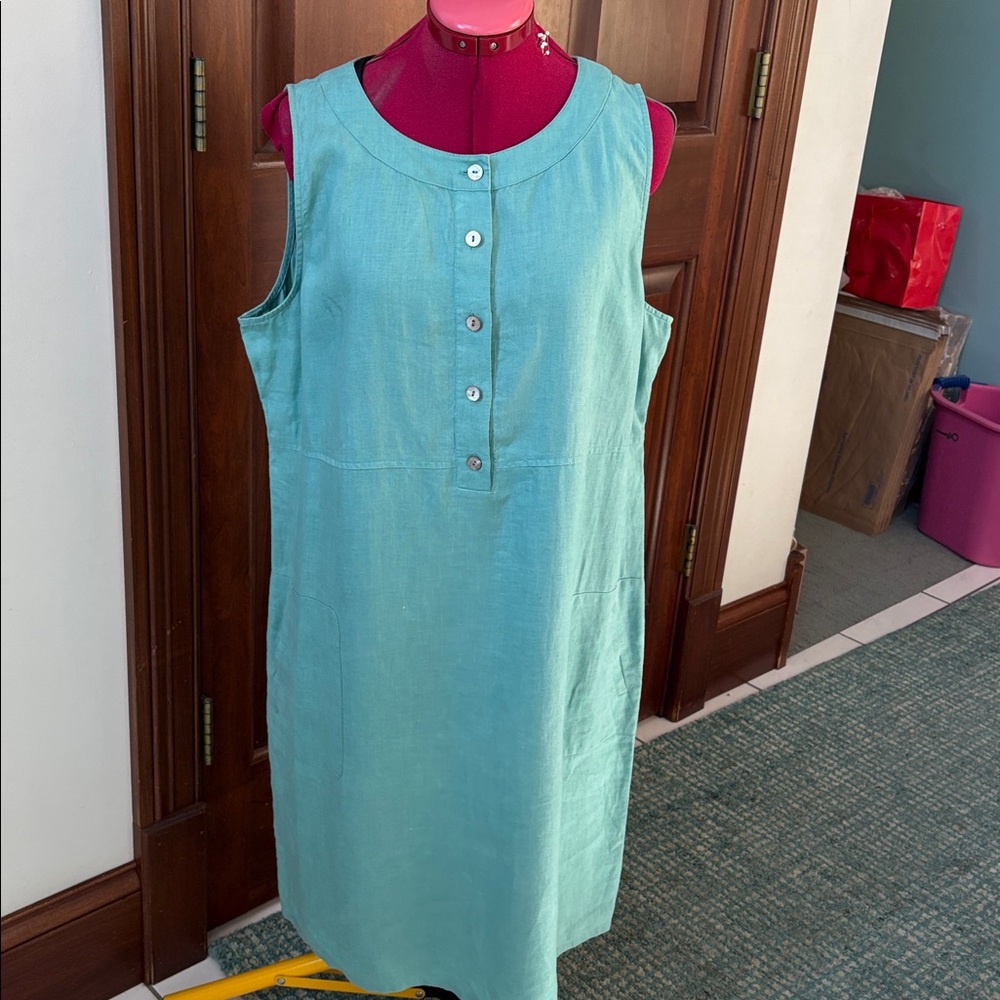 J. Jill  Dress 100% linen Shift  mint aqua Button-Front scoop neck patch pockets